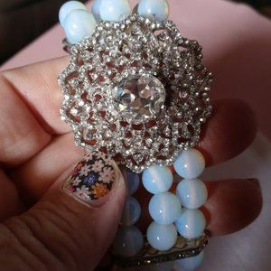 Rhinestone Flower/Moonstone Bead Bracelet